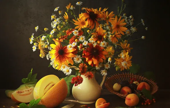 Flowers, table, chamomile, bouquet, pitcher, fruit, white, still life