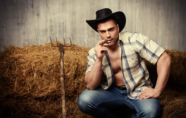 Jeans, hat, hay, cigar, shirt, cowboy, guy, pitchfork