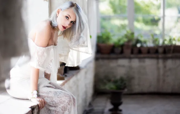 Look, pose, model, portrait, makeup, dress, window, hairstyle