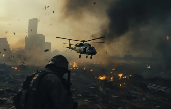 Home, Smoke, Helicopter, Soldiers, Male, Digital art, Helmet, Devastation