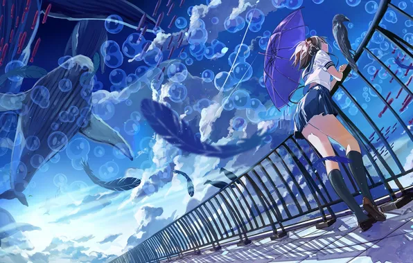 The sky, girl, clouds, fish, anime, feathers, headphones, art