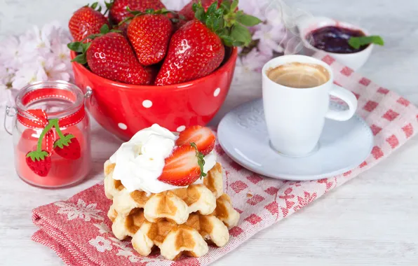Flowers, coffee, Breakfast, strawberry, cream, flowers, waffles, jam
