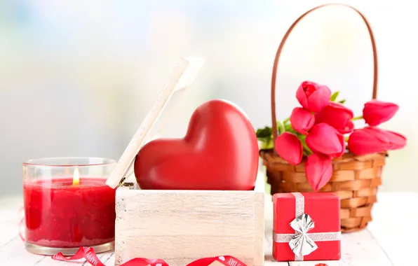 Flowers, gift, red, basket, heart, candle, bouquet, tulips
