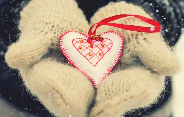 Snow, love, heart, mittens, Valentine's day, winter holidays