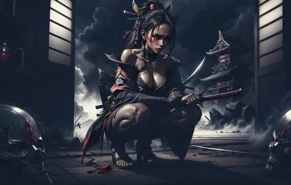 Girl, fantasy, skull, pagoda, Asian, blade, AI art, neural network