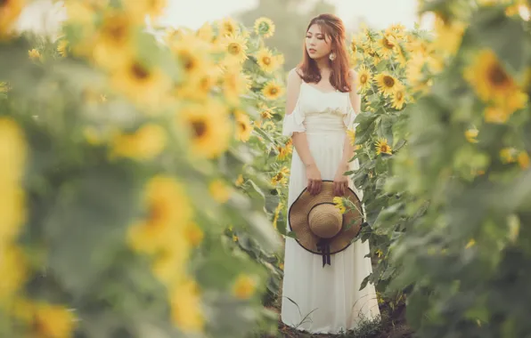 Summer, girl, sunflowers