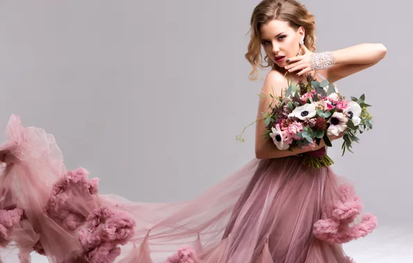 Picture girl, flowers, background, bouquet, makeup, dress, hairstyle, brown hair