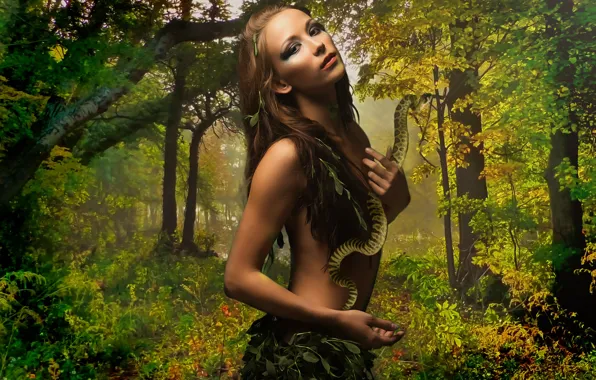 Picture girl, style, snake, treatment, jungle, art