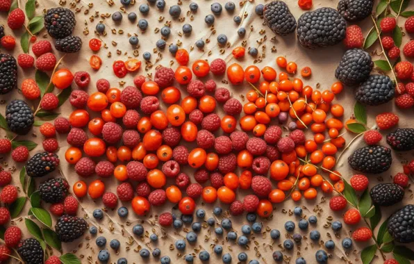 Berries, raspberry, food, blueberries, fruit, red, leaves, placer