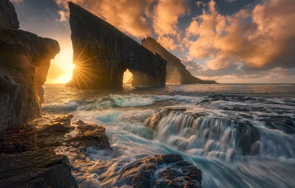 Sunset, the ocean, rocks, Denmark, The Atlantic ocean, Faroe Islands, Faroe Islands, Denmark