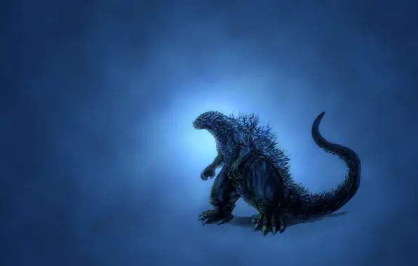 Dinosaur, glow, minimalism, blue background, Godzilla, darkish, Godzilla