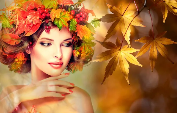 Autumn, leaves, girl, branches, yellow, red, glare, berries