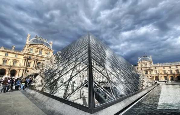 Picture clouds, people, building, The Louvre, glazed