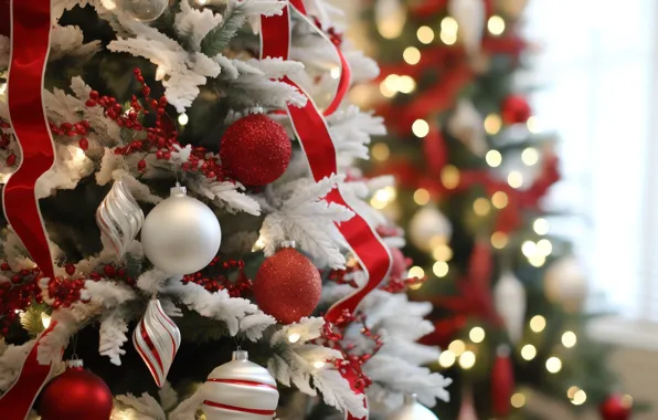 Frost, balls, lights, tape, window, Christmas, red, New year