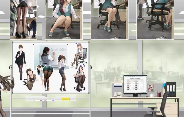 Chair, office, pantyhose, desk, office desk, glass wall, whiteboard, office lady