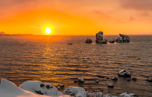 Sea, snow, dawn, Crimea