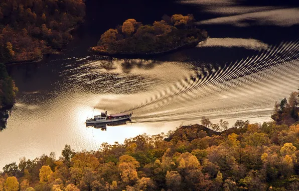 Autumn, river, ship