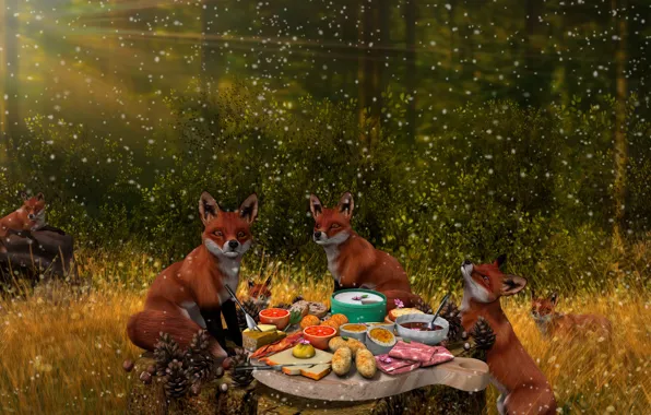 Forest, nature, rendering, fantasy, Fox, Fox, feast, chanterelles