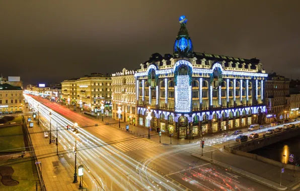 Night, lights, street, building, home, Peter, Saint Petersburg, Russia
