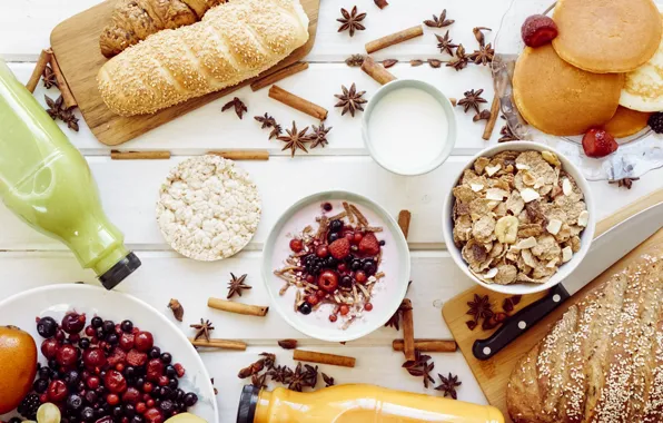 Picture berries, Breakfast, juice, bread, cinnamon, yogurt, star anise, muesli with fresh berries