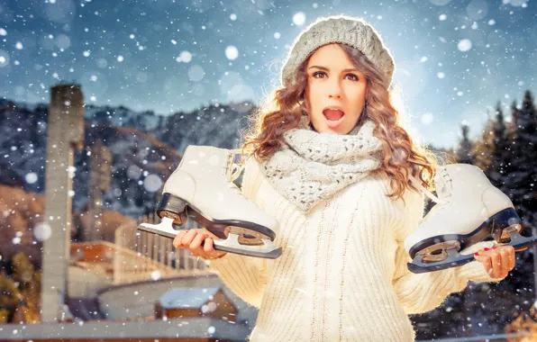 Winter, girl, snow, snowflakes, face, background, hat, surprise