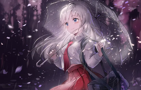 Picture girl, smile, umbrella, rain, skirt, petals, tie, blush