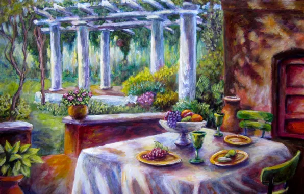 Flowers, Park, table, garden, glasses, art, chair, columns
