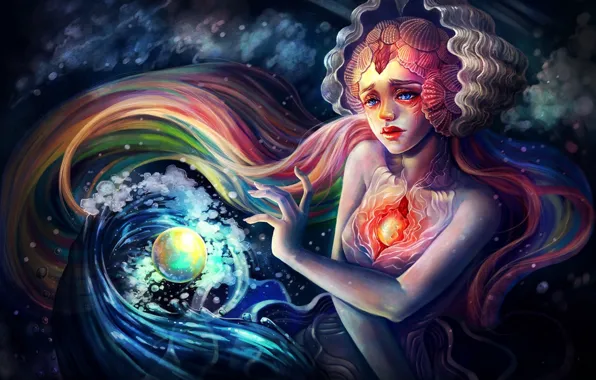 Girl, bubbles, face, heart, mermaid, art, shell, sphere