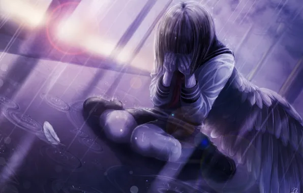 Girl, rain, wings, anime, feathers, art, form, schoolgirl