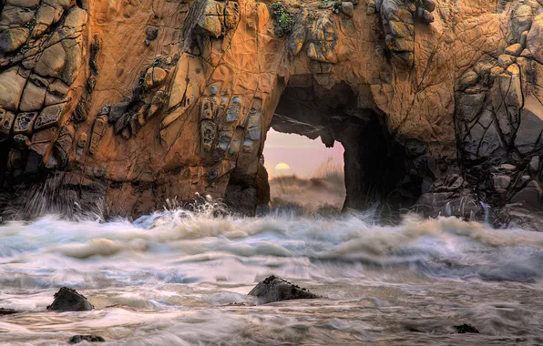 Sea, wave, rock, stones, arch, California, Pfeiffer beach, Big sur