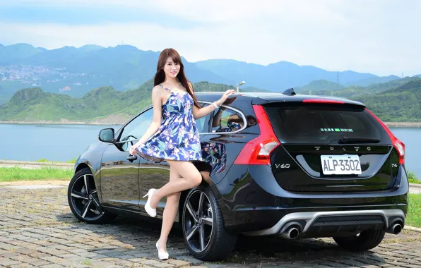Look, girl, Volvo, Asian, beautiful girl, black car, posing on the car