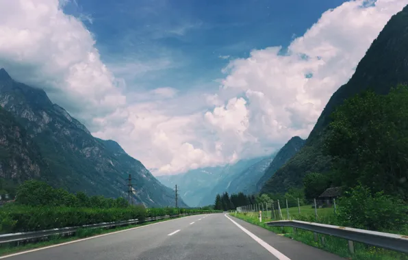 Road, the sky, clouds, mountains, track, highway