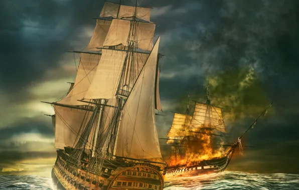 Battle, fantasy, sea, sailboats