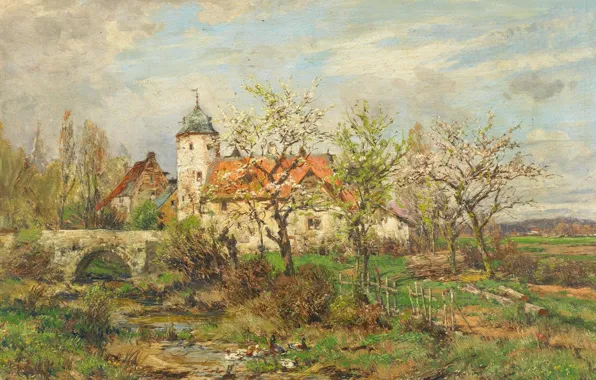 German painter, German painter, Heinrich Hartung III, Landscape with village church in spring, Landscape with …