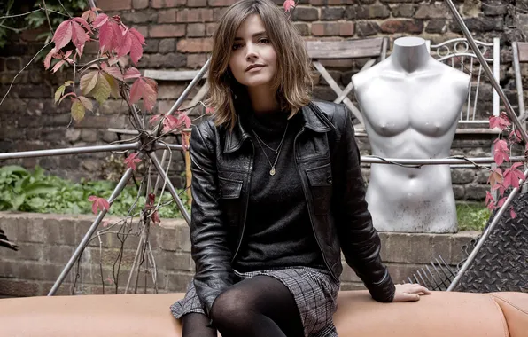 Girl, beautiful, model, sweet, skirt, long-haired, leather jacket, charming
