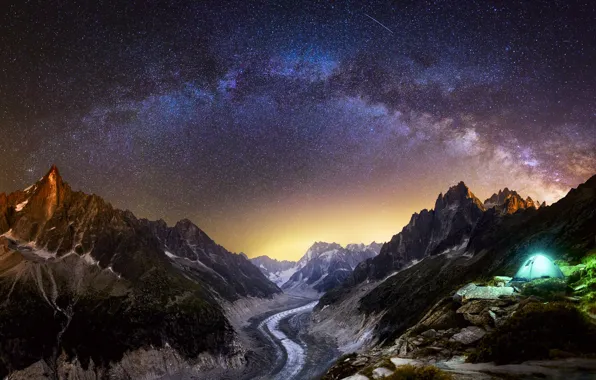 The sky, stars, light, mountains, night, tent, the milky way