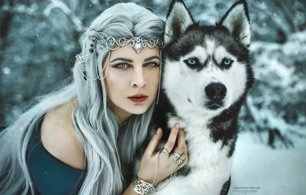 Picture winter, look, girl, decoration, face, dog, long hair, blue hair
