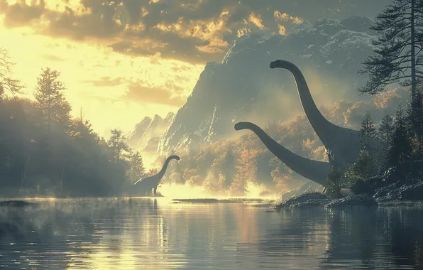 Mountains, Lake, Dawn, Animals, Three, Digital art, Dinosaurs, Ancient animals