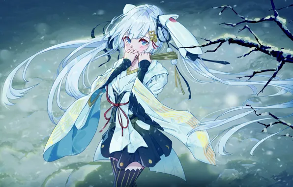 Winter, look, branches, anime, girl, vocaloid, hatsune miku, yuki miku