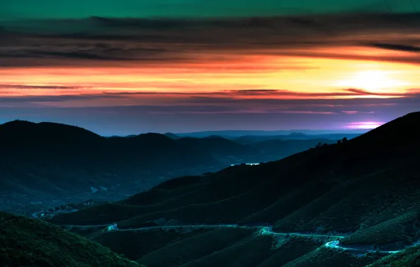 Picture road, the sky, hills, Sunset