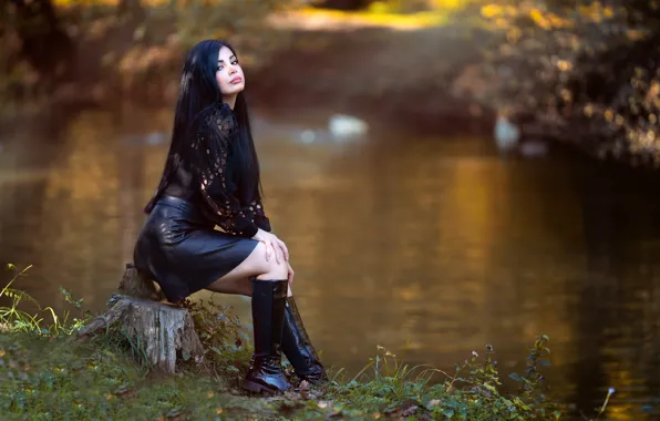 Summer, grass, look, water, girl, nature, pose, pond