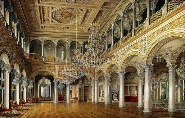 Interior, picture, chairs, columns, balcony, hall, Palace, chandeliers