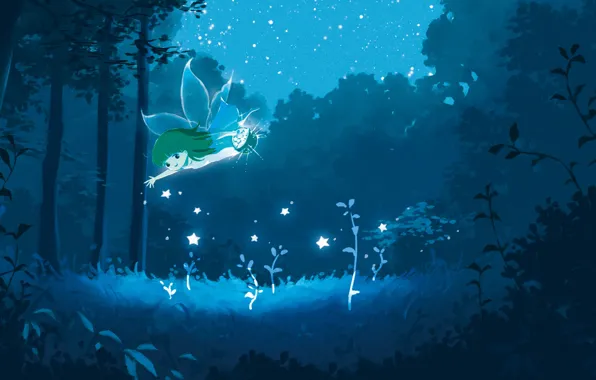 Forest, stars, night, fairy, fantasy