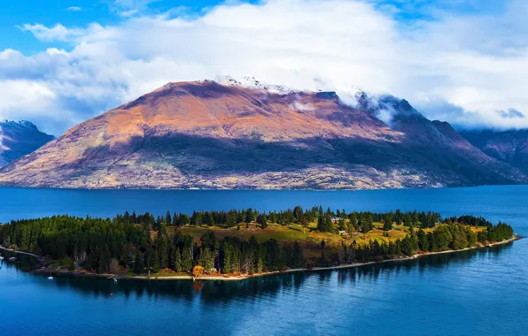 Clouds, mountains, lake, island, New Zealand, Queenstown, Lake Wakatipu