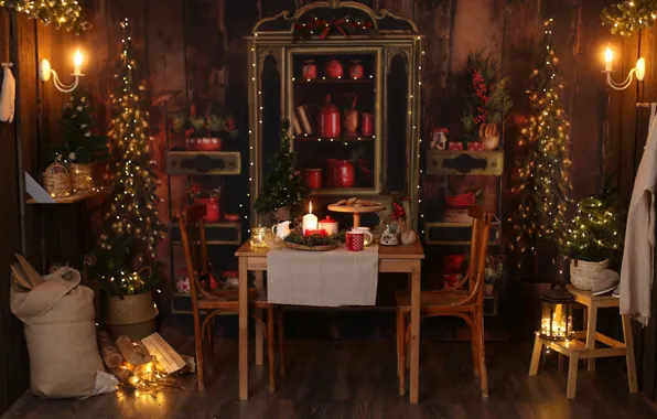 Picture interior, candles, Christmas, New year, bag, tree, decoration, Lyubov Pyatovskaya