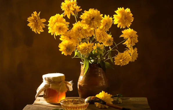 Light, flowers, Board, bouquet, yellow, spoon, Bank, bowl