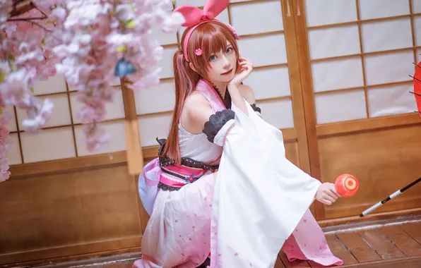 Pose, Sakura, Asian, cosplay, beautiful girl, redhead babe