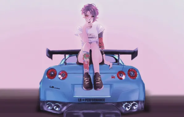 Car, shorts, t-shirt, Anime, car, Anime, shorts, sitting