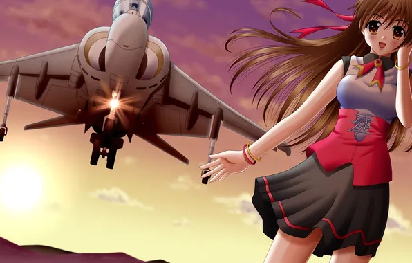 Picture girl, clouds, the plane, the wind, fighter, art, ilolamai