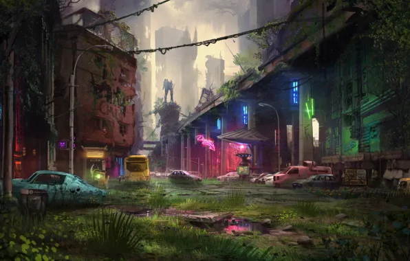The city, Grass, Neon, Apocalypse, Machine, Building, City, Destruction